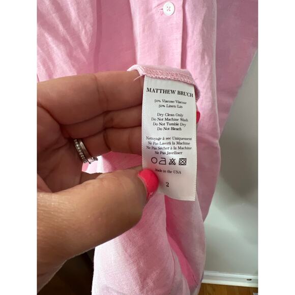 NEW Matthew Bruch Shirt Dress Linen Button Collared Midi Dress Pink Size: 2 - Picture 5 of 7